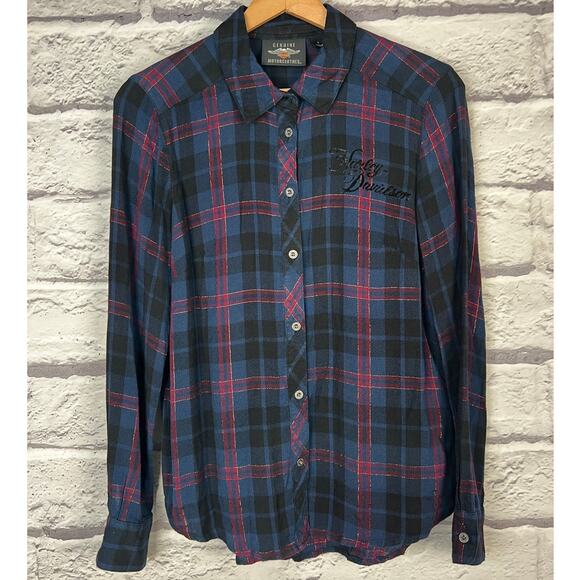 Harley-Davidson Womens S Biker Grunge Goth Y2K Rocker Velvet Plaid Button Down - Picture 3 of 7